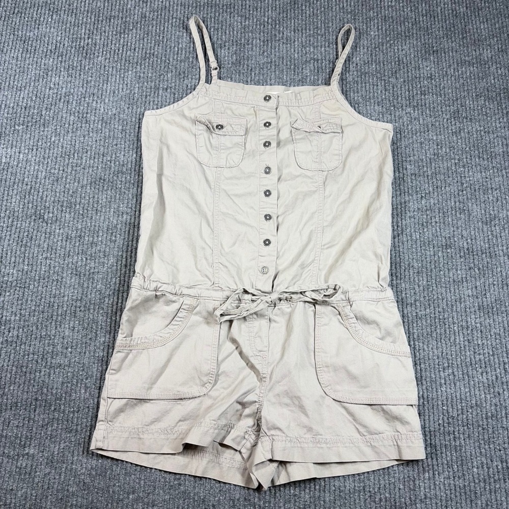 Mudd Romper Womens S Khaki‎ Tan Sleeveless Button Front Tie Waist Pockets